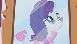 Size: 1920x1088 | Tagged: safe, derpibooru import, screencap, rarity, pony, unicorn, g4, season 1, suited for success, clothes, female, horn, mare, mirror, raised hoof, raised leg, robe, slippers, solo