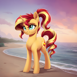 Size: 2048x2048 | Tagged: safe, ai content, derpibooru import, generator:pony diffusion v6 xl, generator:stable diffusion, machine learning generated, sunset shimmer, pony, unicorn, anonymous prompter, beach, female, horn, mare, ponytail, smiling, solo