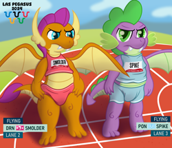 Size: 3300x2842 | Tagged: safe, artist:sweetielover, derpibooru import, smolder, spike, dragon, g4, athletic, clothes, dragoness, duo, duo male and female, equestria games, female, flag, high res, logo, male, olympics, race, sports, spread wings, track, uniform, winged spike, wings