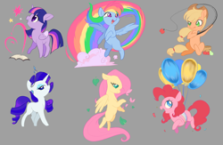 Size: 2560x1673 | Tagged: safe, artist:meteor s, derpibooru import, applejack, fluttershy, pinkie pie, rainbow dash, rarity, twilight sparkle, twilight sparkle (alicorn), alicorn, earth pony, pegasus, pony, unicorn, g4, balloon, book, cute, dashabetes, diapinkes, fishing rod, gray background, horn, jackabetes, leaves, magic book, mane six, rainbow, rainbow trail, raribetes, red little book source, shyabetes, simple background, twiabetes