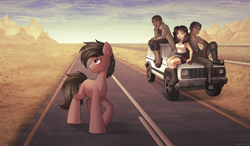 Size: 3000x1746 | Tagged: safe, artist:madelinne, derpibooru import, oc, oc only, earth pony, human, car, desert, earth pony oc, fence, male, road, stallion