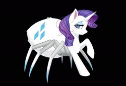 Size: 1964x1344 | Tagged: safe, artist:ketti milk, derpibooru import, rarity, monster pony, original species, spiderpony, unicorn, g4, bedroom eyes, black background, chest fluff, female, horn, looking at you, mare, profile, raised hoof, raised leg, rarirachnid, simple background, smiling, solo, species swap, spiderponyrarity