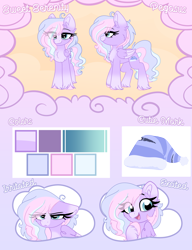 Size: 3840x5000 | Tagged: safe, artist:lbrcloud, derpibooru import, oc, oc only, oc:sweet serenity, pegasus, pony, ahoge, blaze (coat marking), blue eyes, coat markings, color palette, colored eartips, colored hooves, colored wings, colored wingtips, commission, ear fluff, ears, eye clipping through hair, eyebrows, eyebrows visible through hair, eyelashes, facial markings, folded wings, frown, gradient ears, gradient legs, high res, hooves, long mane, multiple angles, narrowed eyes, open mouth, open smile, pale muzzle, pegasus oc, pink hooves, purple background, purple coat, purple wingtips, reference sheet, simple background, smiling, socks (coat marking), solo, standing, tail, text, thick eyelashes, three toned mane, two toned wings, unshorn fetlocks, wavy mane, wavy tail, white text, wings