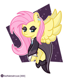 Size: 828x861 | Tagged: safe, artist:redpalette, derpibooru import, fluttershy, pegasus, pony, abstract background, clothes, ear piercing, earring, eyeshadow, female, frown, goth, jewelry, makeup, mare, piercing, shoes, signature, solo, spread wings, wings