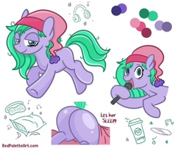 Size: 1080x911 | Tagged: safe, artist:redpalette, derpibooru import, oc, oc only, oc:dj sleepyhooves, earth pony, pony, beanie, butt, earth pony oc, female, hat, mare, microphone, plot, reference sheet, simple background, solo, white background