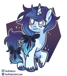 Size: 840x951 | Tagged: safe, artist:redpalette, derpibooru import, oc, oc only, oc:ink drop, unicorn, 2022, artfight, black bow, blind, blue coat, blue hooves, blue mane, blue tail, blush lines, blushing, bow, coat markings, colored hooves, facial markings, female, female oc, gift art, hooves, horn, horn markings, long mane, long tail, mare, mare oc, passepartout, ponytail, raised hoof, raised leg, signature, simple background, smiling, solo, sparkle, sparkles, splotches, standing on three hooves, tail, tied mane, tied tail, unicorn oc, unshorn fetlocks, white background