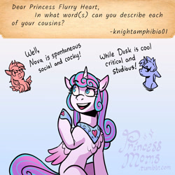 Size: 2166x2166 | Tagged: safe, artist:overlordneon, derpibooru import, princess flurry heart, oc, oc:dusk eclipse, oc:nova dawn, alicorn, pony, semi-anthro, unicorn, g4, adopted offspring, ask, concave belly, cousins, dialogue, female, gradient background, hoof shoes, horn, magical lesbian spawn, male, mare, offspring, older, older flurry heart, open mouth, open smile, parent:sunset shimmer, parent:twilight sparkle, parents:sunsetsparkle, peytral, princess shoes, smiling, solo, stallion, tumblr