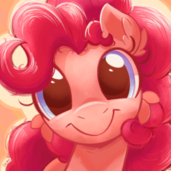 Size: 1000x1000 | Tagged: safe, artist:candy meow, derpibooru import, pinkie pie, earth pony, pony, g4, abstract background, cheek fluff, ear fluff, ears, female, looking at you, mare, smiling, solo