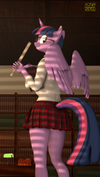 Size: 2160x3840 | Tagged: safe, artist:zgsfm, derpibooru import, twilight sparkle, twilight sparkle (alicorn), alicorn, anthro, 3d, arms, book, bookshelf, chair, clothes, female, glass, horn, lamp, legs, library, ruler, shirt, skirt, solo, table, wings