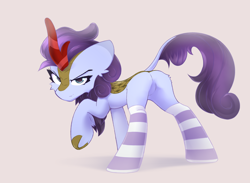 Size: 3000x2200 | Tagged: safe, alternate version, artist:o0o-bittersweet-o0o, derpibooru import, oc, oc only, kirin, butt, cheek fluff, clothes, commission, concave belly, ear fluff, ears, eyelashes, featureless crotch, kirin oc, looking at you, narrowed eyes, raised hoof, raised leg, side view, simple background, slender, smiling, smirk, socks, solo, standing, standing on three hooves, striped socks, tail, thin, underhoof, ych result