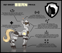 Size: 3500x3000 | Tagged: safe, artist:nsilverdraws, artist:veen, derpibooru import, oc, oc only, oc:special medical bean, earth pony, pony, robot, robot pony, bag, bot, gradient background, medic, medical saddlebag, reflection, saddle bag, science fiction, solo, tail, text