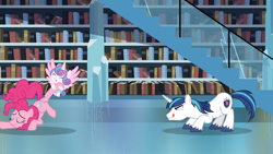 Size: 1920x1080 | Tagged: safe, derpibooru import, screencap, pinkie pie, princess flurry heart, shining armor, alicorn, earth pony, pony, unicorn, g4, the crystalling, book, bookshelf, crystal empire library, eyes closed, having fun, horn, library, stairs, trio