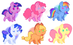 Size: 2560x1564 | Tagged: safe, artist:meteor s, derpibooru import, applejack, fluttershy, pinkie pie, rainbow dash, rarity, twilight sparkle, unicorn twilight, earth pony, pegasus, pony, unicorn, g4, cute, horn, mane six, red little book source, squatpony