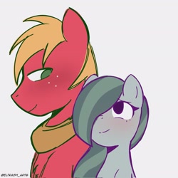 Size: 2047x2048 | Tagged: safe, artist:eltrash_art6, derpibooru import, big macintosh, marble pie, earth pony, pony, g4, blushing, cute, duo, duo male and female, female, freckles, looking at each other, looking at someone, male, marblebetes, mare, ship:marblemac, shipping, simple background, stallion, straight, white background