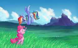 Size: 2990x1848 | Tagged: safe, artist:kaf_pone, derpibooru import, pinkie pie, rainbow dash, earth pony, pegasus, pony, g4, cloud, duo, duo female, female, flying, grass, grass field, lesbian, mare, mountain, pinkiedash, scenery, shipping, sky, spread wings, wings