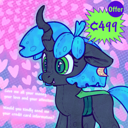 Size: 1500x1500 | Tagged: safe, artist:impamy, derpibooru import, oc, oc only, oc:changeling filly anon, changeling, changeling queen, nymph, original species, ahoge, changeling oc, changeling queen oc, changelingified, cute, cute little fangs, cuteling, digital art, ears, eyelashes, fangs, female, filly, floppy ears, foal, heart, heart eyes, horn, plush pony, plushie, plushification, price tag, solo, species swap, wingding eyes