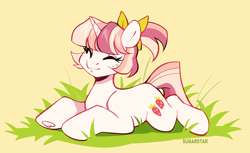 Size: 3224x1968 | Tagged: safe, artist:sugarstar, derpibooru import, oc, oc only, oc:strawberry bun, pony, unicorn, artfight, bangs, bow, colored underhoof, eyelashes, eyes closed, freckles, frog (hoof), gift art, grass, hair accessory, hair bow, horn, lying down, mane accessory, outdoors, pink coat, pink mane, pink tail, ponytail, prone, shiny mane, signature, simple background, smiling, solo, tail, three toned mane, three toned tail, tied mane, underhoof, unicorn oc, yellow background, yellow bow