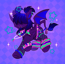 Size: 2943x2904 | Tagged: safe, artist:sugarstar, derpibooru import, oc, oc only, oc:blacklight, bat pony, pony, artfight, blue mane, blue tail, clothes, collar, colored pinnae, colored wings, dark coat, ear fluff, ear tufts, ears, fangs, fishnet clothing, fishnet stockings, flying, frown, gift art, glow rings, hair over eyes, jewelry, leg warmers, leonine tail, necklace, neon, nose piercing, outline, patterned background, piercing, pigtails, purple coat, raised hoof, raised leg, raver, septum piercing, signature, solo, sparkles, spiked collar, spiked tail band, spiked wristband, spread wings, stars, stockings, striped leg warmers, striped mane, striped tail, tail, tail band, thigh highs, three toned mane, three toned tail, tied mane, two toned wings, underhoof, wings, wristband