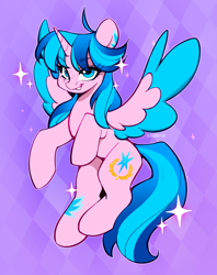 Size: 3000x3788 | Tagged: safe, artist:sugarstar, derpibooru import, oc, oc only, oc:neon star, alicorn, pony, ahoge, alicorn oc, artfight, blue eyes, blue mane, blue tail, blue wingtips, coat markings, colored wings, colored wingtips, ear markings, eye clipping through hair, eye scar, eyebrows, eyebrows visible through hair, eyelashes, facial scar, female, female oc, flying, freckles, fringe, gift art, gradient mane, gradient tail, high res, horn, leg markings, mare, mare oc, outline, patterned background, pink coat, scar, signature, smiling, solo, sparkles, spread wings, tail, two toned mane, two toned tail, two toned wings, unicorn horn, wings