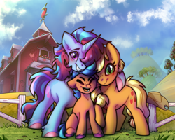 Size: 1280x1024 | Tagged: safe, artist:drawmagic, derpibooru import, applejack, oc, oc:candied apple, oc:chilly passion, earth pony, pony, unicorn, g4, apple, apple tree, blue coat, blue mane, canon x oc, couple, cowboy hat, cute, family, family picture, female, fence, freckles, green eyes, hat, horn, hug, male, married couple, multicolored hair, multicolored mane, multicolored tail, orange coat, pink hooves, pink mane, purple eyes, purple hooves, smiling, straight, sweet apple acres, sweet apple acres barn, tail, tree, wholesome, yellow mane