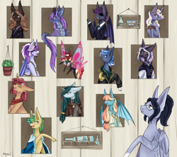 Size: 2000x1778 | Tagged: safe, artist:nyanri, derpibooru import, oc, oc only, oc:brass tacks, oc:bright eyes, oc:cherry bomb, oc:gloomy, oc:jasmine, oc:lavender, oc:nox, oc:quick tie, oc:riptide, bat pony, dragon, hybrid, pegasus, pony, unicorn, angry, bust, cape, clothes, eyepatch, female, glasses, group, horn, jacket, looking at you, male, mare, pirate, portrait, scar, simple background, smiling, stallion, suit, wings