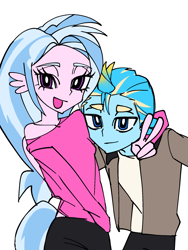 Size: 1536x2048 | Tagged: safe, artist:시우, derpibooru import, gallus, silverstream, human, duo, duo male and female, female, friendship student, gallstream, humanized, looking at you, male, peace sign, shipping, simple background, smiling, straight, white background