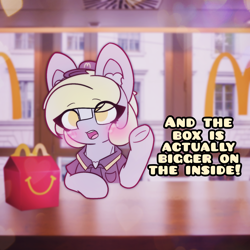 Size: 4096x4096 | Tagged: safe, artist:sodapop sprays, derpibooru import, part of a set, derpy hooves, pegasus, pony, series:derpy can't catch a break, blushing, chest fluff, clothes, doctor who, ear fluff, ears, eye clipping through hair, fast food, food, freckles, implied dr whooves, mcdonald's, solo, talking to viewer, text