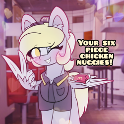 Size: 4096x4096 | Tagged: safe, artist:sodapop sprays, derpibooru import, part of a set, derpy hooves, pegasus, pony, series:derpy can't catch a break, blushing, chest fluff, chicken meat, chicken nugget, clothes, ear fluff, ears, eye clipping through hair, fast food, food, freckles, long hair, looking at you, mcdonald's, meat, meme, one eye closed, peace sign, smiling, smiling at you, solo, spread wings, text, wing hands, wings, wink, winking at you