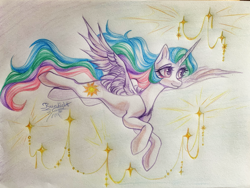 Size: 4000x3000 | Tagged: safe, artist:jsunlight, derpibooru import, princess celestia, alicorn, pony, colored pencil drawing, concave belly, female, flying, long mane, long tail, mare, slender, solo, tail, thin, traditional art, windswept mane