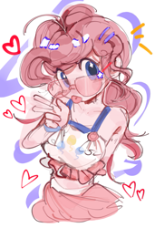 Size: 707x1034 | Tagged: safe, artist:wobuxihuantongjiwoxiexieni, derpibooru import, pinkie pie, human, abstract background, clothes, glasses, heart, humanized, peace sign, skirt, solo, tanktop, tongue, tongue out