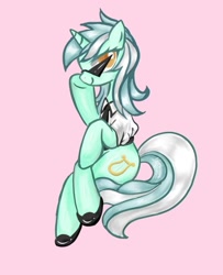 Size: 1079x1331 | Tagged: safe, artist:lizi841040, derpibooru import, lyra heartstrings, pony, unicorn, g4, clothes, female, hoof on cheek, horn, looking at you, mare, necktie, pink background, shirt, shoes, simple background, sitting, smiling, sunglasses