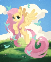 Size: 1717x2102 | Tagged: safe, artist:mink, derpibooru import, fluttershy, butterfly, pegasus, pony, cloud, female, flying, grass, mare, outdoors, smiling, solo, spread wings, wings