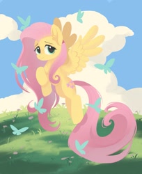 Size: 1717x2102 | Tagged: safe, alternate version, artist:mink, derpibooru import, fluttershy, butterfly, pegasus, pony, cloud, female, flying, grass, mare, outdoors, smiling, solo, spread wings, wings