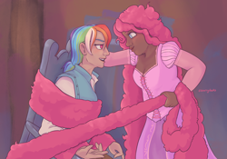 Size: 2048x1430 | Tagged: safe, artist:starryducks, derpibooru import, pinkie pie, rainbow dash, human, g4, alternate hairstyle, bondage, chair, clothes, cosplay, costume, crossover, dark skin, disney, dress, duo, duo female, female, flynn rider, hair, hair bondage, humanized, impossibly long hair, lesbian, lipstick, long hair, looking at each other, looking at someone, pants, pinkiedash, rapunzel, shipping, shirt, tangled (disney), tied up, unsexy bondage, very long hair