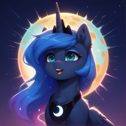 Size: 1128x1128 | Tagged: safe, ai content, derpibooru import, generator:stable diffusion, machine learning generated, princess luna, alicorn, pony, g4, bust, chest fluff, ear fluff, ears, eyelashes, eyeshadow, female, folded wings, full moon, generator:bluefox mix, happy, horn, jewelry, luna's crown, makeup, mare, moon, neck fluff, night, open mouth, open smile, outdoors, peytral, portrait, prompter:adorablebluefox, regalia, smiling, solo, sternocleidomastoid, tiara, wings