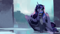 Size: 2560x1440 | Tagged: safe, artist:krapinkaius, derpibooru import, princess luna, oc, oc:star reader, alicorn, pegasus, pony, g4, canon x oc, chest fluff, duo, duo male and female, ears, ethereal mane, female, floppy ears, front view, hooves on shoulders, hug, large wings, male, mare, pegasus oc, peytral, shipping, stallion, stallion oc, straight, unshorn fetlocks, wings, wings down