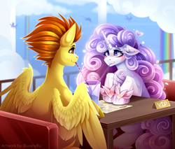 Size: 2711x2315 | Tagged: safe, alternate version, artist:buvanybu, derpibooru import, spitfire, oc, pegasus, pony, unicorn, g4, blushing, canon x oc, commission, date, drink, drinking straw, duo, duo female, female, horn, lesbian, looking at each other, looking at someone, mare, shared drink, smiling, smiling at each other, unicorn oc