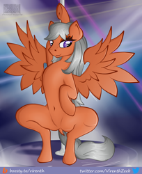 Size: 1000x1223 | Tagged: safe, artist:virenth, derpibooru import, oc, oc:crescendo, pegasus, pony, belly, belly button, butt, dock, featureless crotch, female, looking at you, mare, plot, pole dancing, solo, squatting, stripper pole, tail