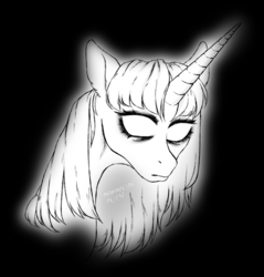 Size: 1836x1924 | Tagged: safe, artist:mammalian_alien, derpibooru import, twilight sparkle, ghost, ghost pony, undead, unicorn, black background, blank eyes, dishevelled, horn, messy mane, monochrome, simple background, solo