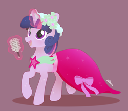 Size: 1500x1300 | Tagged: safe, artist:sion, derpibooru import, twilight sparkle, unicorn twilight, pony, unicorn, a canterlot wedding, g4, alternate hairstyle, bridesmaid dress, clothes, dress, female, flower, flower in hair, glowing, glowing horn, horn, levitation, love is in bloom, magic, mare, microphone, open mouth, open smile, red background, signature, simple background, smiling, solo, telekinesis