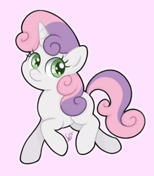 Size: 745x852 | Tagged: safe, artist:czscribbles, derpibooru import, sweetie belle, pony, unicorn, g4, cute, diasweetes, female, filly, foal, horn, looking at you, pink background, prancing, simple background, smiling, solo