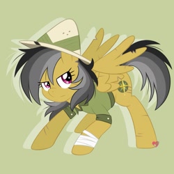 Size: 1857x1857 | Tagged: safe, artist:czscribbles, derpibooru import, daring do, pegasus, pony, g4, bandage, clothes, female, green background, hat, mare, partially open wings, scratches, shirt, simple background, solo, wings