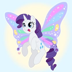 Size: 1784x1784 | Tagged: safe, artist:czscribbles, derpibooru import, rarity, pony, unicorn, g4, artificial wings, augmented, female, flying, glimmer wings, gradient background, horn, mare, open mouth, smiling, solo, wings