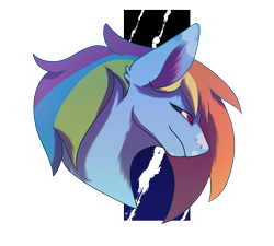 Size: 6668x6001 | Tagged: safe, artist:aha-bleppers, derpibooru import, rainbow dash, pegasus, pony, g4, absurd resolution, alternate design, blue coat, blue fur, bust, countershading, eyelashes, facial markings, multicolored hair, multicolored mane, narrowed eyes, rainbow hair, red eyes, simple background, smiling, solo, white background