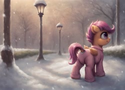 Size: 1840x1328 | Tagged: safe, ai content, derpibooru import, generator:pony diffusion v6 xl, generator:stable diffusion, machine learning generated, scootaloo, pegasus, pony, g4, clothes, diaper, diaper under clothes, dock, feathered wings, female, filly, foal, non-baby in diaper, onesie, pajamas, prompter:cayuse, snow, snowfall, solo, tail, tail hole, wings, winter