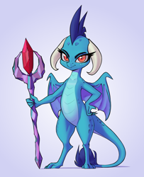 Size: 2196x2701 | Tagged: safe, artist:aquaticvibes, derpibooru import, dragon lord ember, princess ember, dragon, g4, bloodstone scepter, dragoness, female, frown, gradient background, hand on hip, high res, looking at you, solo