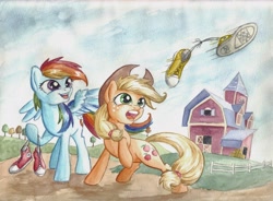 Size: 6814x5003 | Tagged: safe, artist:the-wizard-of-art, derpibooru import, applejack, rainbow dash, earth pony, pegasus, pony, g4, absurd resolution, applejack's hat, barn, clothes, converse, cowboy hat, duo, duo female, female, freckles, hat, looking at something, mare, open mouth, open smile, outdoors, raised hoof, raised leg, shoes, smiling, spread wings, sweet apple acres barn, tail, traditional art, watercolor painting, wings
