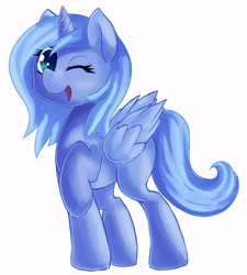 Size: 5400x6000 | Tagged: safe, artist:zokkili, derpibooru import, princess luna, alicorn, pony, g4, absurd resolution, female, folded wings, horn, looking at you, mare, one eye closed, open mouth, open smile, raised hoof, raised leg, s1 luna, simple background, smiling, smiling at you, solo, tail, white background, wings, wink, winking at you