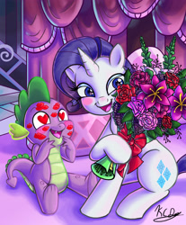 Size: 3600x4349 | Tagged: safe, artist:kcday, derpibooru import, rarity, spike, dragon, pony, unicorn, g4, age difference, blush sticker, blushing, bouquet, carousel boutique, cute, duo, duo male and female, eyeshadow, female, flower, heart, heart eyes, high res, hoof hold, horn, indoors, kiss mark, lipstick, makeup, male, mare, open mouth, open smile, rose, shipping, signature, sitting, smiling, sparity, spikabetes, spikelove, straight, tail, wingding eyes, wingless spike