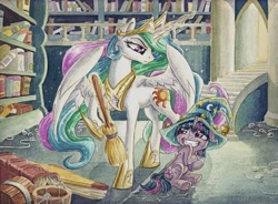 Size: 6839x5020 | Tagged: safe, artist:the-wizard-of-art, derpibooru import, princess celestia, twilight sparkle, unicorn twilight, alicorn, pony, unicorn, g4, absurd resolution, book, bookshelf, broom, celestia is not amused, clothes, costume, crown, duo, duo female, embarrassed, fantasia, female, filly, filly twilight sparkle, foal, glowing, glowing horn, grin, hat, hoof shoes, horn, indoors, jewelry, levitation, looking at each other, looking at someone, magic, magic aura, mare, nervous, nervous smile, parody, peytral, princess shoes, raised hoof, raised leg, reference, regalia, sheepish grin, sitting, smiling, star swirl the bearded costume, telekinesis, the sorcerer's apprentice, traditional art, unamused, underhoof, water, watercolor painting, wet, wet mane, wings, younger